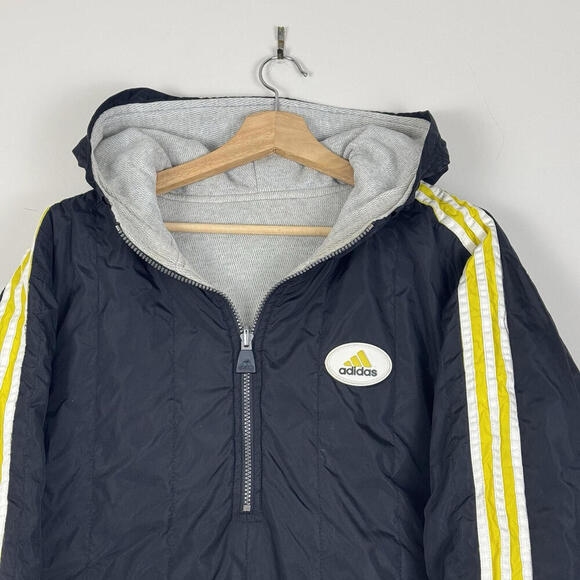 90s Adidas VTG Reversible Jacket Yellow Stripes Half Zip Pockets Insulated Sz L - Picture 4 of 10